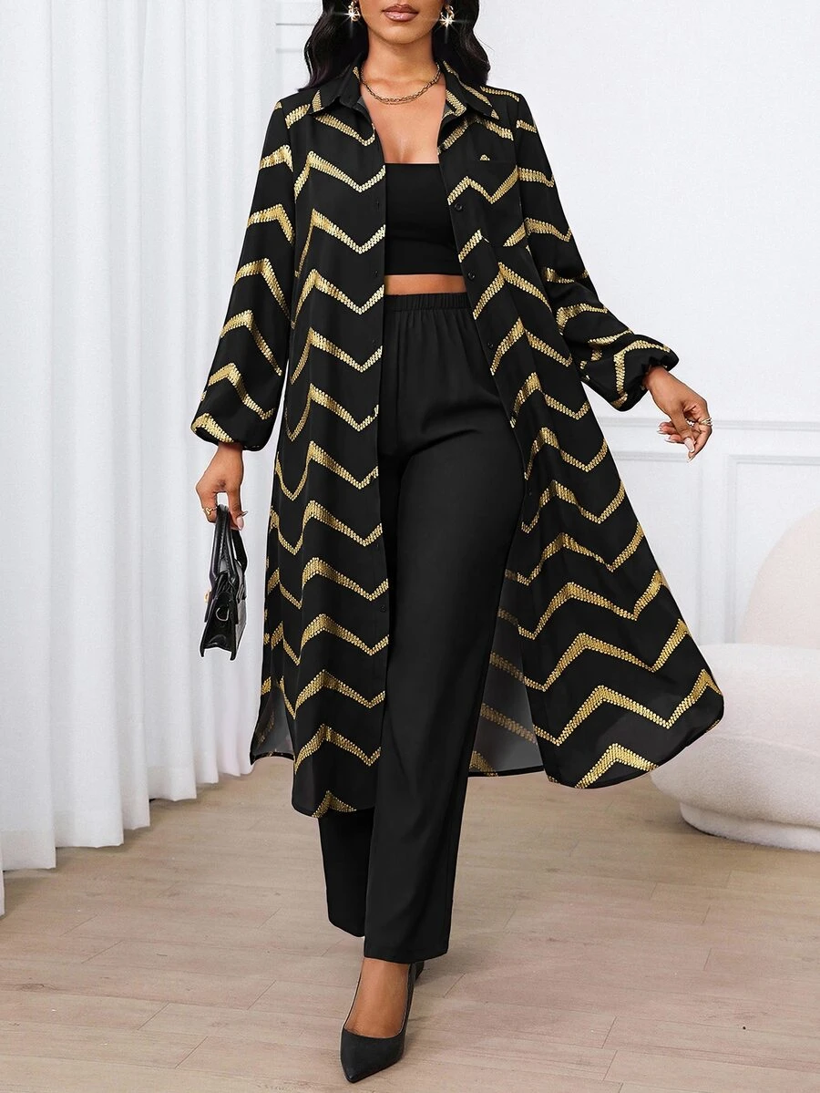 SHEIN Lady 女款金色箔波浪條紋長襯衫與長褲休閒兩件套 - 黑色 - 查看 1