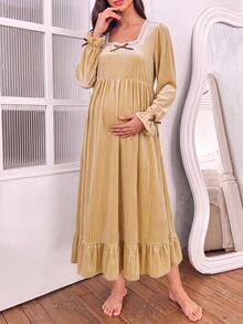 Moonlight&Mama Gaun Tidur Hamil Lengan Panjang Leher Persegi Motif Garis-garis Beludru Musim Gugur/Dingin - Kuning - View 6