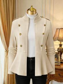 Rometta Women's Plus Size Spring/Autumn Casual Dressy Elegant Commute Office Formal Stand Collar Shoulder Epaulette Beige Button Ruffle Hem Jacket - Apricot - View 1