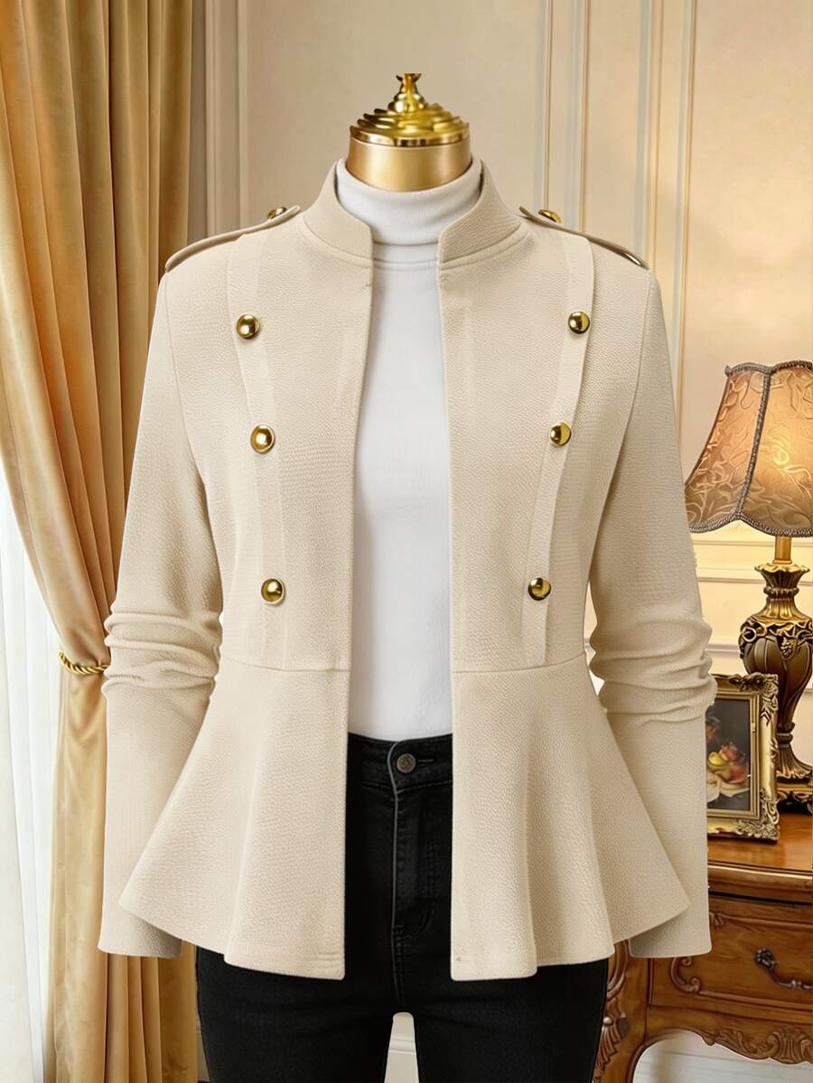 Rometta Women's Plus Size Spring/Autumn Casual Dressy Elegant Commute Office Formal Stand Collar Shoulder Epaulette Beige Button Ruffle Hem Jacket - Apricot - View 1