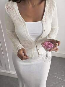 Livesso Solid Color Fitted Waist Long Sleeve V-Neck Casual Vacation Knit Cardigan - Apricot - View 3
