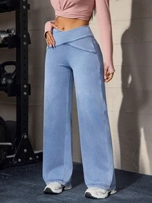 Flexra Women's Asymmetric Waist Wide Leg Loose Casual Denim Jeans - Blue - View 7