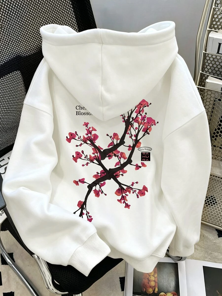 Resyla 女款字母印花休閒寬鬆落肩連帽衛衣 - 白色 - 查看 1