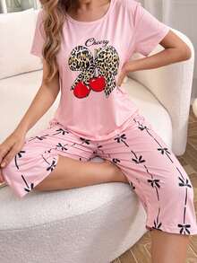 SHEIN 豹紋蘋果蝴蝶結短袖短褲睡衣套裝 - 彩色 - 查看 5