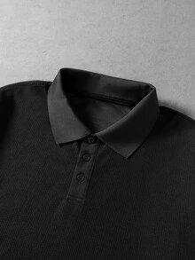 ROMWE MEN Men's Casual Letter Print Polo Shirt, Autumn - Black - View 4