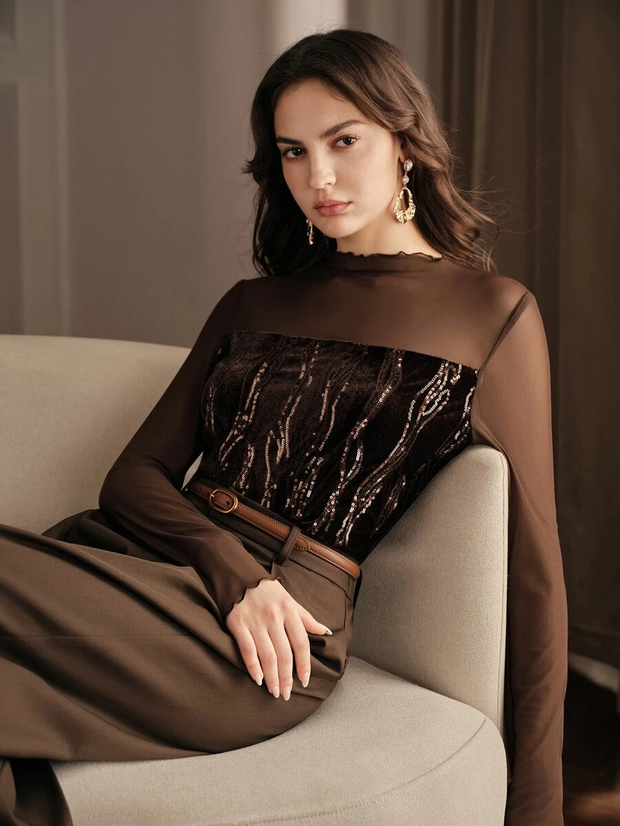 Anewsta Kaos Lengan Panjang Slim Fit Wanita Warna Cokelat Kopi Bahan Beludru dengan Jala dan Payet, Cocok Sebagai Atasan Dalaman untuk Kencan, Pesta, atau Perjalanan Sehari-hari - Coklat - View 1