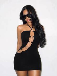 BamGleam Gaun Wanita Warna Polos dengan Desain Berongga dan Sambungan Cincin Seksi Model Halter Neck untuk Halloween, Klub Malam, dan Acara Musim Panas - Hitam - View 6