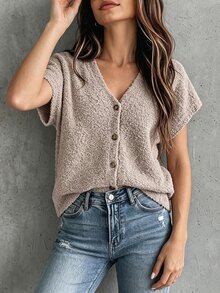 SHEIN Cardigan Rajut Wanita Warna Polos Model V-Neck Batwing Lengan Pendek Kancing Tunggal - Khaki - View 4