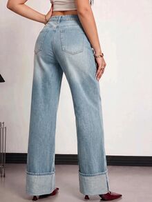 SHEIN PETITE 女款休閒水洗直筒牛仔褲 - 淺色水洗藍 - 查看 3