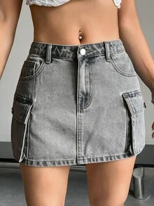 Jeanoix 女款夏季純色工裝牛仔裙 - 灰色 - 查看 6