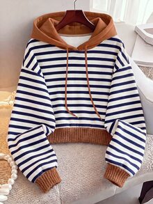 Resyla Fashion Casual Basic Hooded Long Sleeve Brown & Blue White Striped Colorblock Women's Sweatshirt - Multicolor - View 4