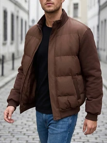 DAZY Brown Padded Body With Contrast Sleeves, Faux Fur Collar Design Men's Padded Coat - Brown - View 5