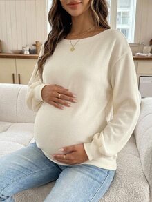 DAZY Solid Color Loose Asymmetrical Shoulder Long Sleeve Casual Vacation Korean Style Spring Autumn Maternity T-Shirt - Yellow - View 7