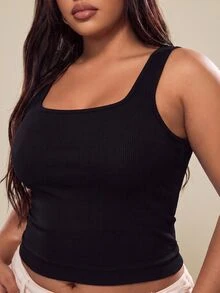 SHEIN Rhythm Era Women's Plus Size Solid Color Cropped Sports Tank Top - Black - View 3