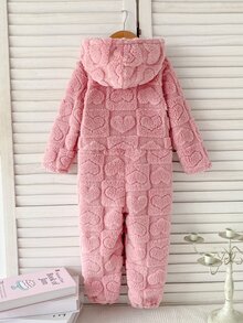 SHEIN 秋冬雙面保暖內裡加厚女童幼兒連身衣，可愛愛心與方格提花絨毛柔軟舒適休閒連帽拉鍊長袖長褲居家服，秋冬冬季款 - 粉色 - 查看 2