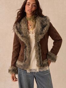 Easelle Women's Autumn/Winter Fashion Retro Fuzzy Patchwork Jacket - Brown - View 1