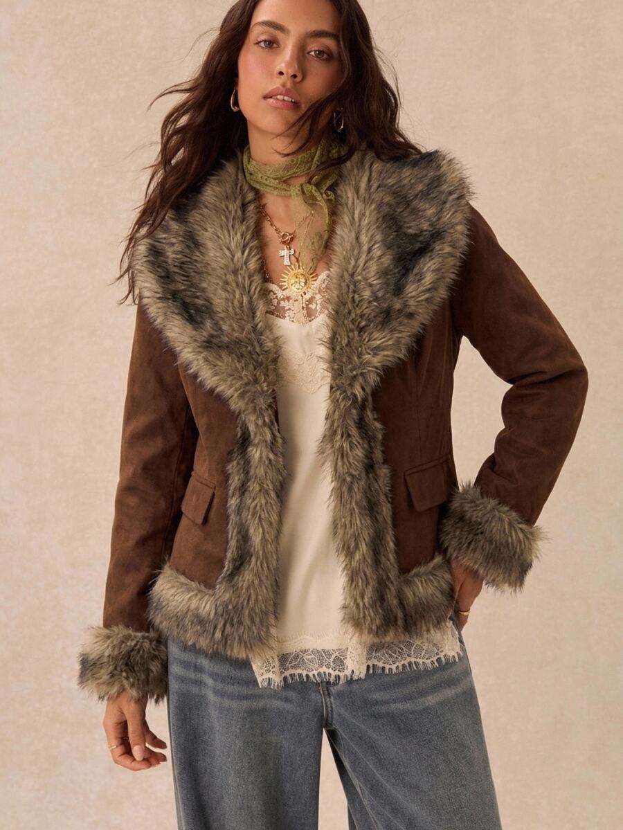 Easelle Women's Autumn/Winter Fashion Retro Fuzzy Patchwork Jacket - Brown - View 1