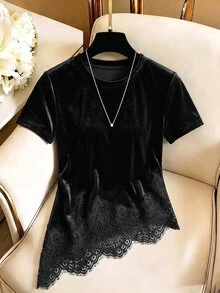 Franclia Women's French Lace Patchwork Asymmetrical Hem Top - Black - View 1