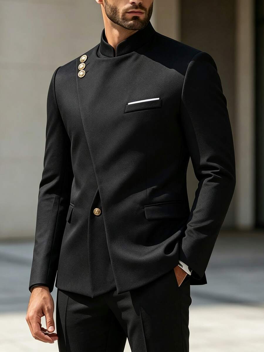 Manfinity AFTRDRK Blazer Pria Gaya Bisnis Inggris dengan Kancing Depan - Hitam - View 1