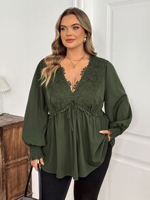 SHEIN CURVE+ Plus Size Women's Contrast Color Lace Deep V-Neck Tie Front Ruffle Sleeve Sexy Blouse, Autumn Long Sleeve Top Fall - Green - View 8