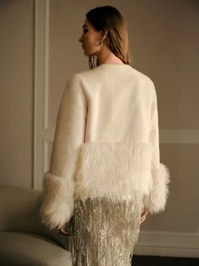 MOTF PREMIUM WOMEN'S AUTUMN/WINTER SOLID COLOR PATCHWORK FAUX FUR COAT - Beige - View 4