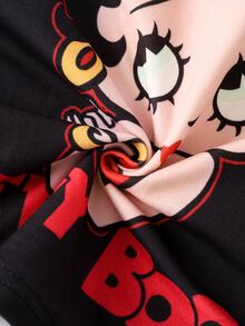 Betty Boop x SHEIN 女款字母卡通印花細肩帶上衣與短褲休閒居家睡衣套裝 - 黑色 - 查看 6