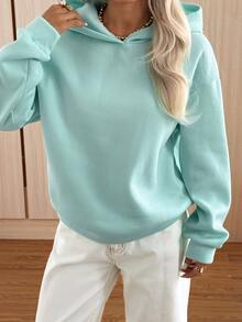 SHEIN EZwear 女款純色極簡百搭長袖運動衫 - 綠色 - 查看 4