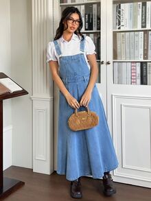Rivivi Gaun Terusan Denim Kasual Wanita dengan Desain Saku - Biru - View 7