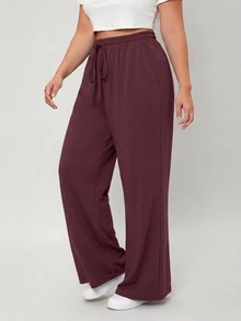 SHEIN BASICS 大尺碼毛圈布抽繩腰寬腿運動長褲，夏季女裝套裝 - 酒紅色 - 查看 4