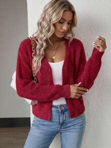 SHEIN 女款素色休閒百搭日常穿著開襟衫 - 中紫紅色 - 查看 6