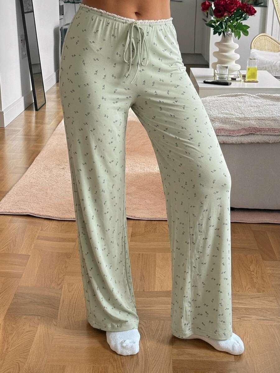 Strévra Floral Knit Contrast Trim Waist Design Women's Pajama Bottoms - Green - View 1