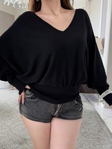 Vibekara Sweater Pullover Longgar Lengan Panjang Model Batwing Leher V Warna Polos untuk Wanita Ukuran Plus Musim Dingin - Hitam - View 3