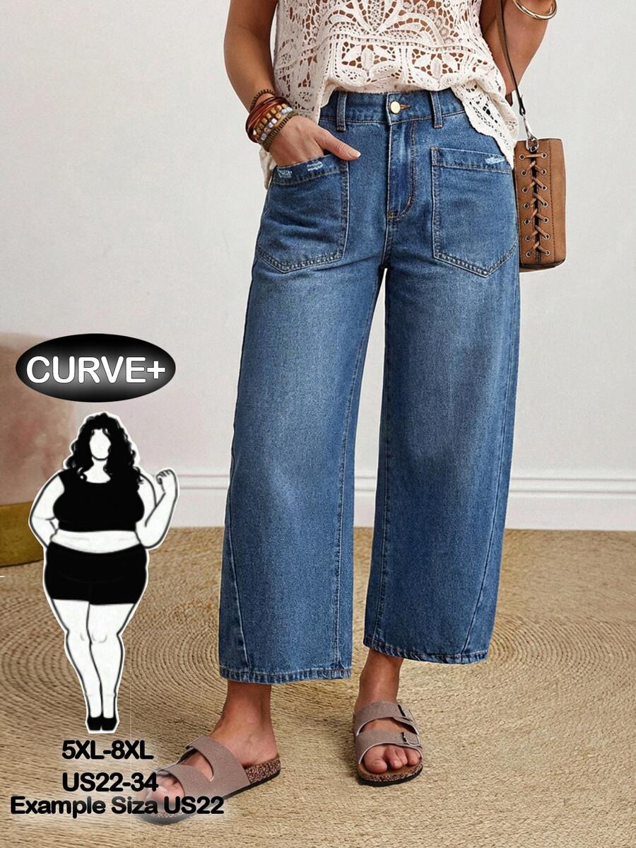 SHEIN CURVE+ Plus Size Denim Cropped Curved Leg Wide Leg Pants - Blue - View 1