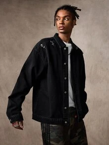 ROMWE MEN Street Life Personalized Fashionable Retro Metal Airplane Buckle Casual Versatile Men's Denim Jacket - Black - View 4