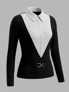 IslaSuriya Women's Patchwork Striped Shirt Collar Long Sleeve 2 In 1 Top - Black - View 3