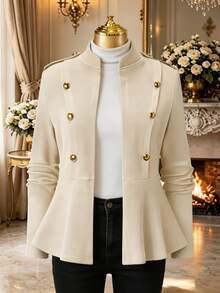 Rometta Women's Plus Size Spring/Autumn Casual Dressy Elegant Commute Office Formal Stand Collar Shoulder Epaulette Beige Button Ruffle Hem Jacket - Apricot - View 6