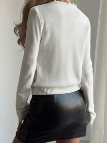 Livesso Women's Winter White Round Neck Button Cable Knit Long Sleeve Slim Fit Ribbed Cardigan - White - View 2