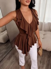 SOLERSUN Women's Ruffle V Neck Sleeveless Asymmetrical Hem Fitted Waist Vest Perfect Vacations And Parties - Brown - View 6