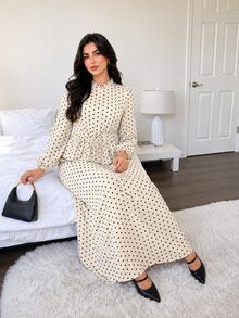 Solavon Plus Size Women's Polka Dot Pattern Ruffle Hem Blouse And Skirt Elegant Two Pieces Set - Apricot - View 4