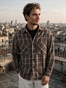 Manfinity Dauomo Men's Plaid Long Sleeve Single-Breasted Double Pocket Shirt - Brown - View 4