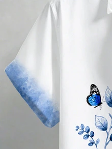 Manfinity Homme 男士大尺碼花卉蝴蝶印花短袖襯衫，休閒百搭日常襯衫 - 白色 - 查看 4