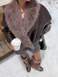 Muchica 26 Dark Brown PU Jacket, Litchi Texture PU Collar With Fur Trim ...