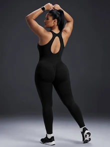 Powerista Plus Size Women's Back Cut-Out Racer Back Shaping Sports Jumpsuit Seamless Gym Running Grey Workout Fitness Breathable All Seasons - Black - View 2