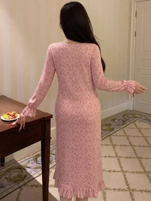 Dazy Maternity 碎花寬鬆套頭長袖荷葉邊下擺休閒日常居家春秋冬孕婦洋裝 - 粉色 - 查看 2