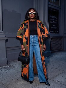 Slaydiva Plus Size Women's Knit Kimono, Camo Color Block Fringe Trim Long Plus Size Knit Wrap Coat Fall - Multicolor - View 10