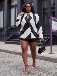 Slaydiva Plus Size Women's Blazer Dress, Black White Geometric Print Extra Long Point Collar Mini Coat - Black and White - View 1