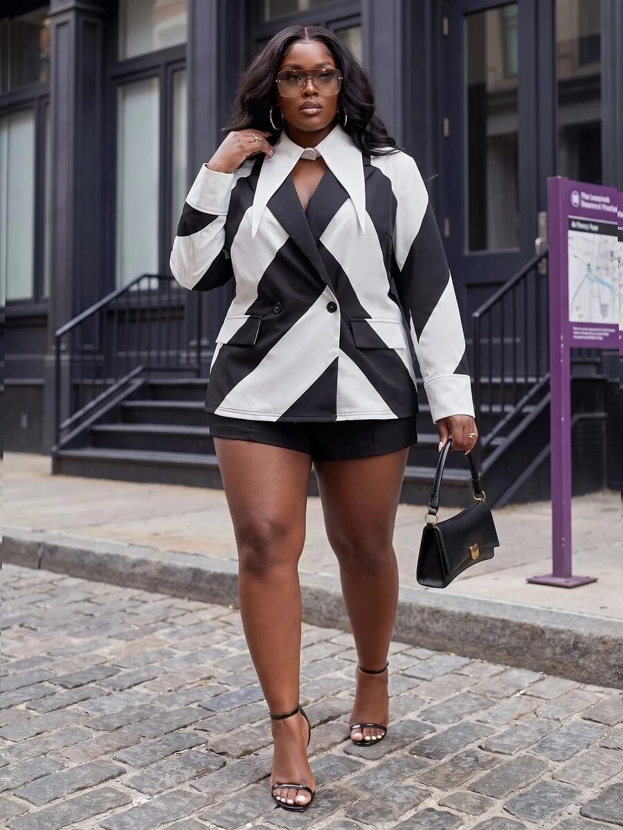 Slaydiva Plus Size Women's Blazer Dress, Black White Geometric Print Extra Long Point Collar Mini Coat - Black and White - View 1