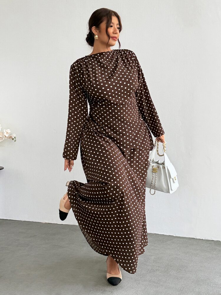 Firerie Brown Polka-Dot Two Pieces Set (Plus Size): Minimalist, Elegant, And Chic Long-Sleeve Shirt & Flared Skirt Elegant Office Business Work Sets For Women - Brown - View 1