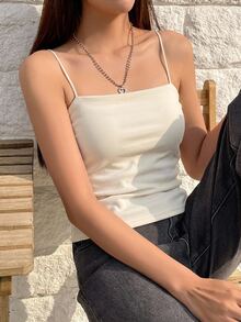 DAZY 女款簡約百搭純色細肩帶背心上衣，適合日常穿著 - 白色 - 查看 2
