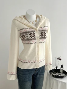 SHEIN LUNE كارديجان محبوك بقصة ضيقة مع قلنسوة ونقشة جاكار على شكل قلب لفصل الخريف/الشتاء - أبيض - مشاهدة 8